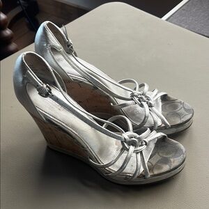Coach Silver Cork Wedge Sandals - Women's Peep Toe Heels